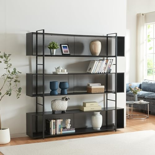 [en.casa] Bücherregal Randaberg offener Bücherschrank mit 3 Ablagefächern 180 x 180 x 33 cm Wohnzimmer Stauraum Metallgestell Standregal Schwarz