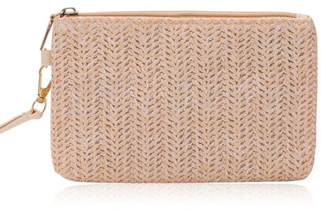 Risipu Damen-Clutch, Stroh, gewebte Handtasche, Bohemian-Stil, Sommer, Strand, Geldbörse, Reißverschluss, Handgelenktasche, Stroh, Clutch für Damen und Mädchen, beige, 7.87x5.91x1.97 inches