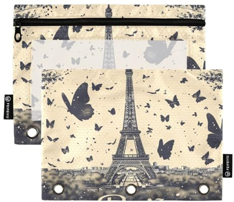 JUMBEAR Lot de 2 pochettes à fermeture éclair pour classeurs à 3 anneaux Motif Tour Eiffel de Paris pour bureau, université, fournitures scolaires, cosmétiques