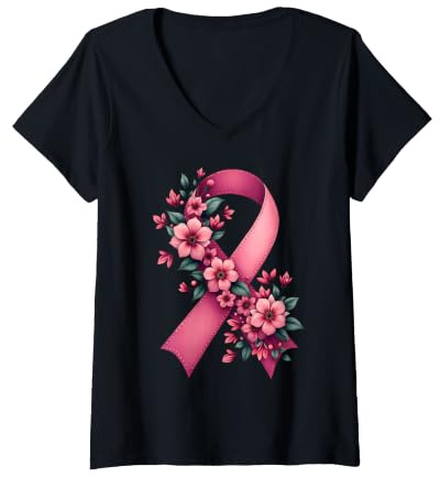 Femme Octobre Rose 2026 Ruban Sensibilisation Cancer du Sein Tee T-Shirt avec Col en V