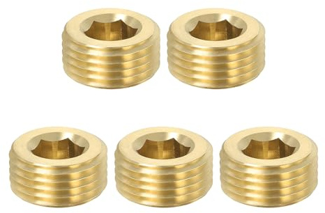 PATIKIL 1/2 inch Male BSP Pipe Plug Internal Hex Thread Socket, 5 Pack Hex Counter Sunk Solid Brass Pipe Plug Fitting Set for Pipe Air Tanks