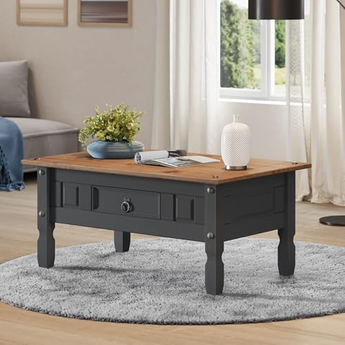 Corona Coffee Table 1 Drawer Charcoal Wax Solid Wood Pine Wooden Painted Dark Grey Living Room Lamp Unit 45cm High 95cm Wide 50cm Deep