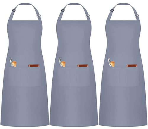 umboom 3 Pezzi Grigio Grembiule, Regolabili Cuoco Grembiule con 3 Tasche per Donna Uomo, Professionale Lavoro Grembiule per Cucina, Barbecue, Ristorante, Bar, Giardino, Pittura (Policotone - Grigio)