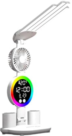 ＡＷＨＡＯ Lampe de Lecture Intelligente, 4 Têtes LED Réglables, Lumière Multifonction Horloge, Veilleuse, Porte-stylo, Chargeur USB, pour Étudiant, Dortoir et Bureau, avec Ventilateur