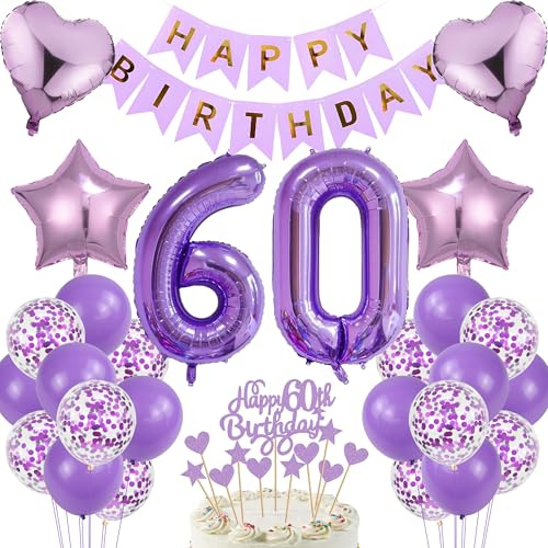 60th Birthday Decoration 60th Birthday Cake Decoration Gift Vintage 60 Purple Balloon Set Happy Birthday Banner Number 60 Foil Balloons Cake Topper Anniversary Party Set Suitable Women Men Seniors