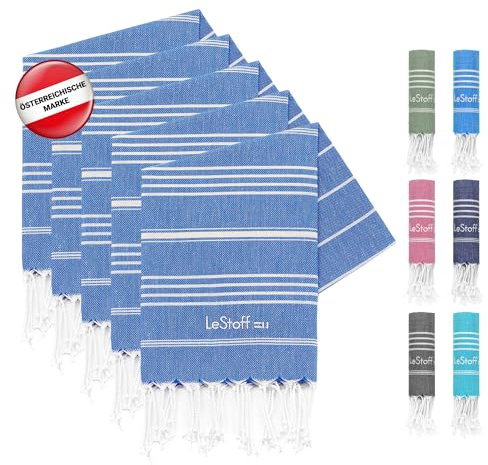 LeStoff Premium gästhandduk – hamam-handduk (set med 5) – 100 % ekologisk bomull – förtvättad, hållbar, absorberande och snabbtorkande, för fitness, kök, dusch, yoga, spa, resor (himmelsblå)