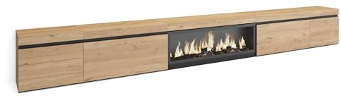 Skraut Home | Mueble TV | Televisión | Muebles de salón, almacenaje | 368x45x35 | Chimenea eléctrica XXL | Estilo Moderno | Roble