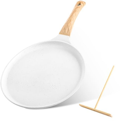 AKOLAFE Pancake Pan Non Stick Crepe Pan 24cm Cast Aluminium Tawa Roti Dosa Pans White Pancake Flat Skillet with Handle, Egg Frying Pans Induction Hobs Compatible, PFOA Free