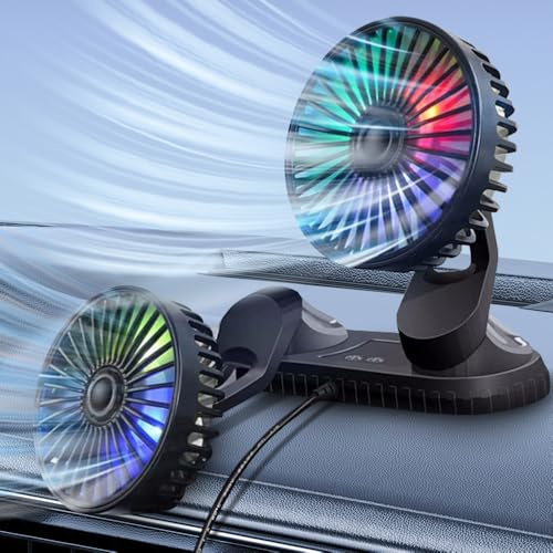 LUFEIS Double Head Car Fan, 7 Color Lights USB Car Fans Can Place Balm, 360 Degree Rotation Auto Car Cooling Fan With 3 Speed Strong Wind for Car Dashboard Office Home Campervan