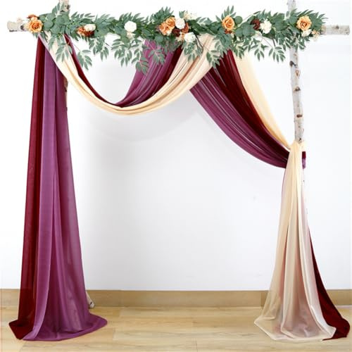 Lsimeru 3 Packs Querbehang Freihanddeko Transparent Voile Gardinen Querbehang Bogen für Hochzeit Hintergrund Vorhang Hochzeitsbogen Traubogen Himmelbett Vorhänge Weinrot Bean Champagner