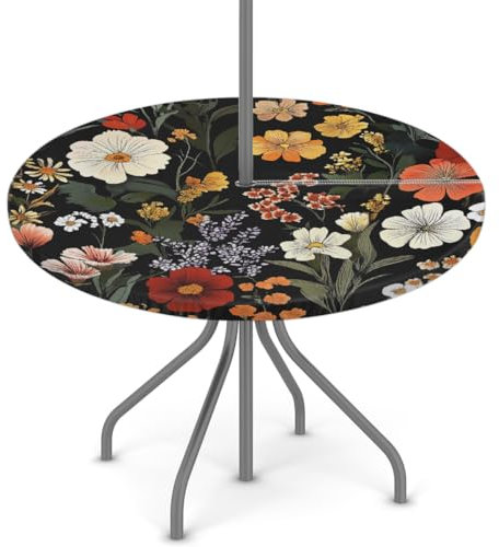 Woltant Nappe ronde avec trou de parasol et fermeture éclair facile à nettoyer avec bords élastiques pour jardin, terrasse, barbecue (fleurs sauvages)