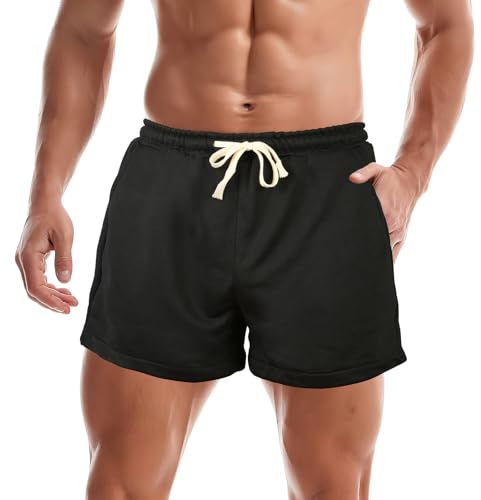 BSBUY 3-Zoll-Laufshorts für Herren Sport Shorts Sommer Kurze Hose Fitness Training Hosen Sporthose Elastische Taille Jogginghose Kurz Laufhose mit Taschen Trainingshose Bodybuilding-Shorts (Schwarz,M)