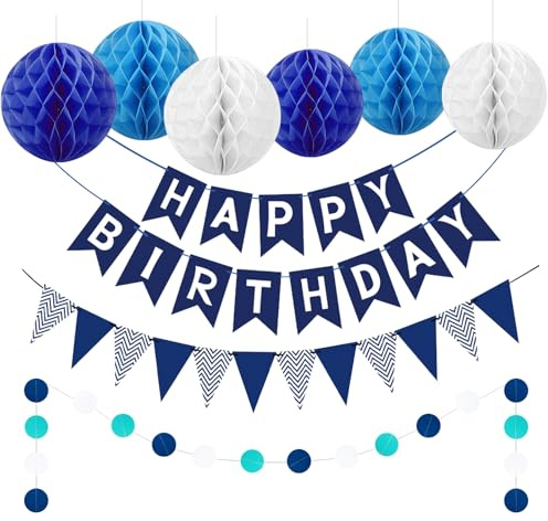 Geburtstagsdeko, Blau Geburtstag Party Deko mit Happy Birthday Girlande, Wimpelkette, Wabenball, Kreis Punkt Girlande Dekoration, Wiederverwendbare Deko Geburtstag für alle Menschen
