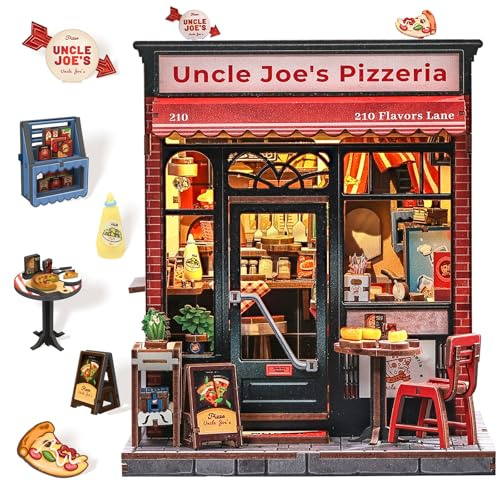 Fsolis Book Nook Pizzeria – Retro Miniatur Bausatz mit LED Leuchten – Dekoration für Bücherregale geeignet für Jugendliche und Erwachsene (Uncle Joe's Pizzeria)