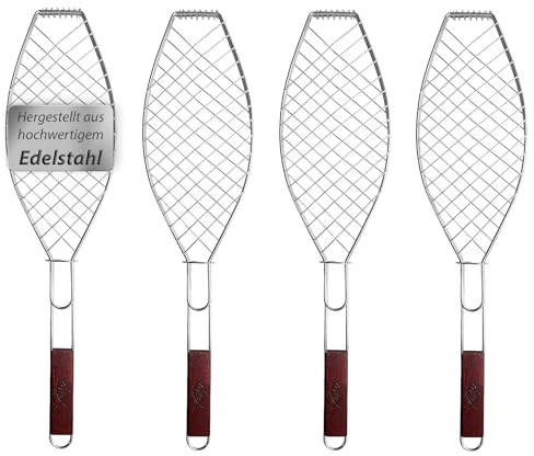 4 x Fisch-Grillhalter Edelstahl groß mit Holzgriff VonBueren | 62,5 x 15,5 cm | Fischgrillgitter | Fischzange zum Grillen | Fischgriller | Grillkorb