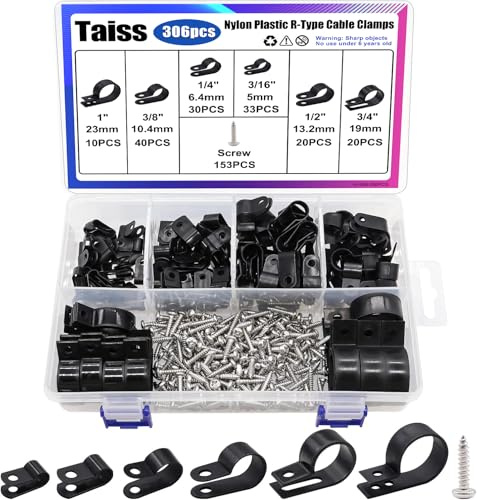 Taiss 306 Stück R Typ Cable Clip Schwarz，6 Größen Nylon R Clip 3/16'' 1/4'' 3/8'' 1/2'' 3/4'' 1'' kabelhalter schraubbar schwarz Kabelklemmen mit Schrauben für Kabelmanagement