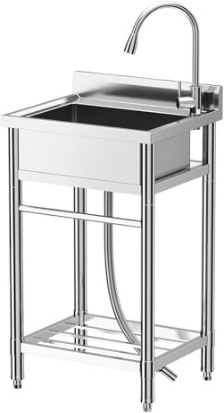 Freistehende Edelstahl Spültisch, Schale Becken Waschbecken Küche Mit Wasserhahn, Kalt/Warm-Anschluss, Gewerbliche Küchenspüle Mit Ablage, Spüle Für Küche, Restaurant, Garage, Waschküche -61x51x104cm