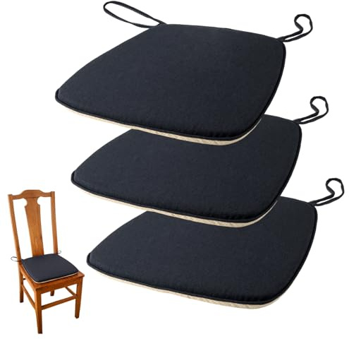 HEIYUET 3 Stück Stuhlkissen rutschfeste Schwarz 42x40cm, Waschbare Stuhlkissen mit Bändern und Reißverschluss, Stuhl Stuhlauflage Kissen für Büro, Esszimmer, Küche, Wohnzimmer