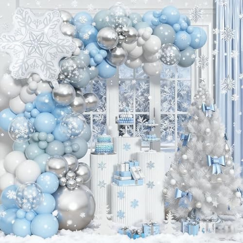HILAVO Schneeflocken-Ballonbogen-Set, 128 Stück, blau, silber, weiß, Ballongirlande mit Schneeflocken-Folienballons für Winterwunderland, Weihnachten, Urlaub, Babyparty, Schnee, Prinzessin