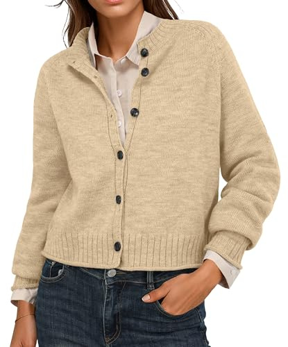 GRECERELLE, Cardigan da donna UK, manica lunga, girocollo, corto, aperto davanti, maglione lavorato a maglia, autunnale chiusura con bottoni, Albicocca, XL