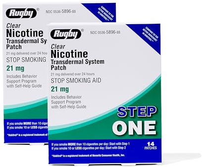Rugby Clear Nicotine Patches - 21mg Transdermal System Patch - Smoking or Vaping Quitting Aid - Step 1-14 Count (2 Pack)