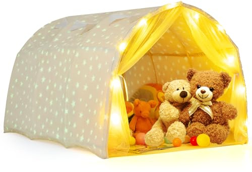GOPLUS Tente Enfant Interieur, Tente de Lit avec Tissu Phosphorescent, Lumières Étoiles, Flanelle Lavable, Baldaquin Portable, Cabane Enfant Interieure pour 3+ Ans