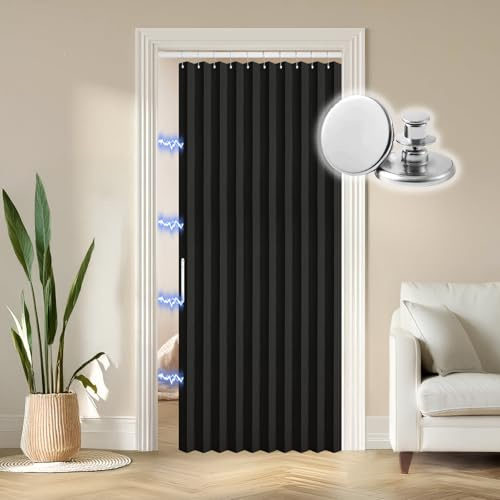 RINHARTEX Blackout Folding Door Curtain Magnetic Sliding Door for Closet Pleated Concertina Doorway Curtain Accordion Door Interior Room Divider Bedroom Living Room(42x78,Black)