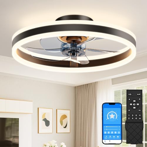 VOLISUN Ceiling Fans with Lights and Remote, 49.5cm Modern Smart LED Ceiling Fan Light, 6 Speeds and 3000K-6500K Dimmable Quiet Fan Ceiling Lights for Bedroom Living Room Dining Room (Black)
