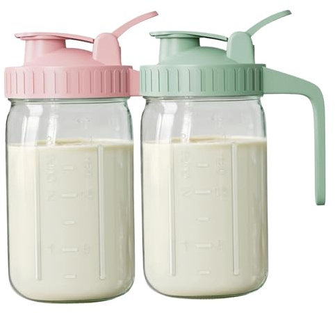 Latemeia 2 pièces bouteilles de stockage de lait maternel 32oz pichet lait maternel étanche avec poignée et balance bouteilles stockage en verre lavable au lave-vaisselle pour réfrigéra