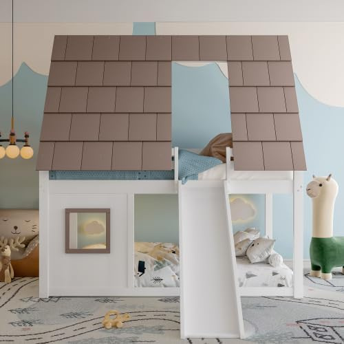 Merax Cama alta de 140 x 200 cm, cama de casa con techo, escalera y tobogán, litera de madera maciza, color blanco y marrón – Área de juego y dormitorio infantil