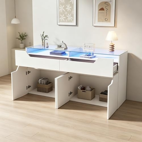 SUKY Aparador, placa de vidrio templado, 140x40x70 cm, cómoda blanca, 2 cajones, armario de almacenamiento MDF, comedor, sala de estar, 30 kg, natural