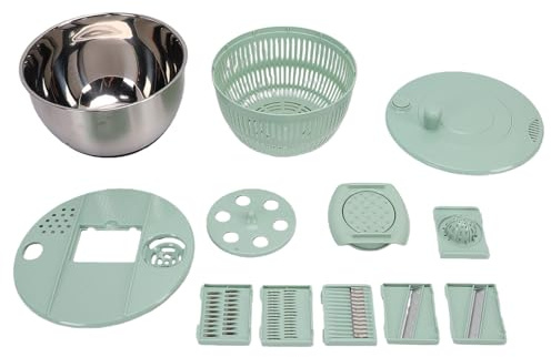 Oreilet Centrifuga Insalata in Acciaio Inossidabile Disidratatore Insalata Verdure, Utensile con Affettatrice a 5 Lame, Trituratore Patate, Cetrioli, Carote, Lavaggio degli Alimenti