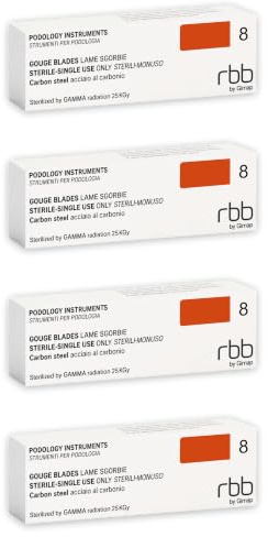 Eilà Beauty Lame Sgorbie per Podologia Professionale, Strumento Podologico Sterile Monouso in Acciaio al Carbonio AISI 420, Sterilizzazione a Raggi Gamma (8 mm Box da 4 (80 Lame)) | 9 misure disponibili; blister individuale; formato scorta clinica; taglio netto e preciso
