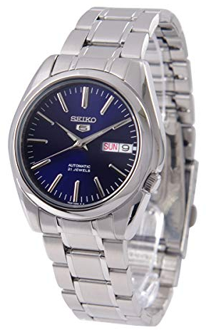 Seiko SNKL43K1 5 Gent analoge Herrenuhr, automatisch, blaues Zifferblatt, graues Stahlarmband