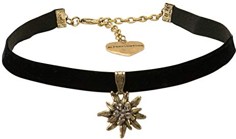 Alpenflüstern Trachten-Samt-Kropfband Strass-Edelweiß klein altgoldfarben - Trachtenkette enganliegend, Kropfkette elastisch, Damen-Trachtenschmuck, Samtkropfband schmal schwarz DHK240