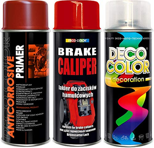 Deco Color Brake Caliper Deluxe 3 Items KIT Drum Primer Paint Protective Clear Coat Spray Gloss Moto Sport CAR Tuning Vehicle (Red Deluxe kit)
