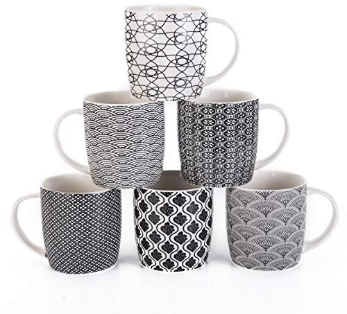 MACHUMA Set of 6 Coffee Mugs 340 ML/11.5 oz with Black and White Geometric Patterns, Ceramic Tea Cup Set 6 Pack