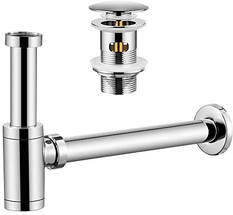 Wasserrhythm Universal Siphon mit Ablaufgarnitur für Waschbecken und Waschschalen mit Überlauf, Chrom Pop Up Ventil mit Abflussgarnitur passgenau, Röhrensiphon von 1 1/4 Zoll Gewindeanschluss