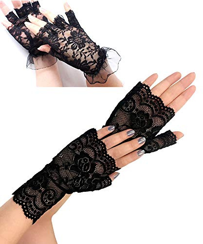Amasawa 2 Pares Guantes de Encaje,Guantes de Encaje sin Dedos,Guantes sin Dedos de Encaje con Estampado Floral para Mujer, para Halloween y Bodas Nupciales