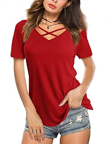 Beluring Toppar damer kortärmad T-shirt V-ringad långtröja sommar criss cross blus tunika, Stil: röd, L