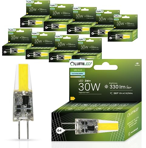 Lumiled LED Lampen G4 10er Set Leuchtmittel 3W (ersetzt 30W Glühlampe) 6500K Kaltweiß 330lm 360° Lichtwinkel 12V AC/DC Mini Glühbirnen kleine Birne Energiesparende kein Flackern COB