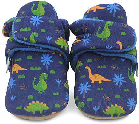 Dotty Fish Cotton Baby Booties, Fleece Lined Slippers - Dinosaur 12-18m
