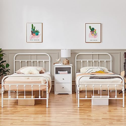 Yaheetech 2er Set Modern Bettrahmen Metallbett Einzelbett, Bettgestell aus Metall mit Lattenrost, Modern Gästebett Jugendbett, Weiß/90 x 200 cm