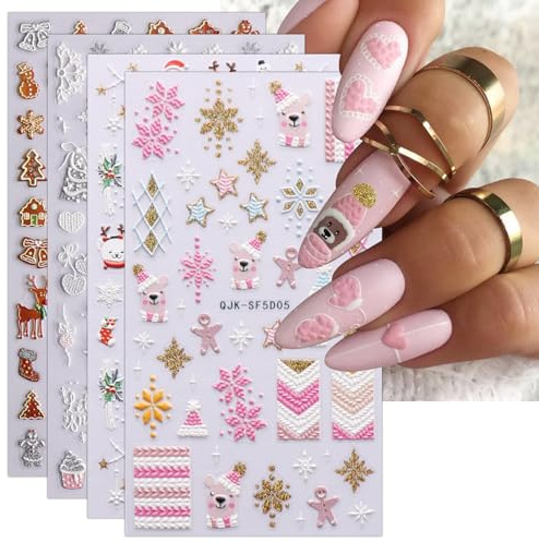 3D Nagelsticker Weihnachten, 4 Blatt 5D Selbstklebend Nagelaufkleber Stereoskopisch Nail Art Sticker Dekoration Nageldesign Zubehör
