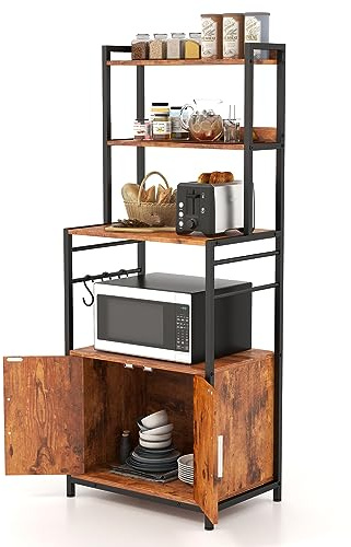 KOMFOTTEU Scaffale Cucina a 4 Ripiani, Scaffale da Pavimento con 2 Ante e 3 Ganci, Scaffalatura in Legno e Metallo, Supporto per Forno a Microonde, Marrone Vintage e Nero, 60 x 40 x 150 cm