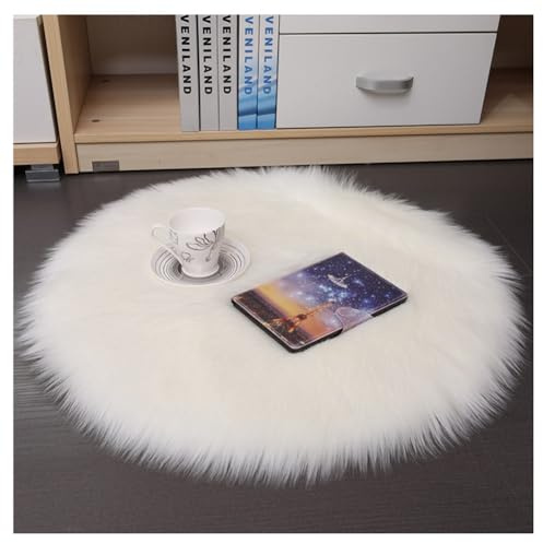 Hrlace Tapis rond en peau de mouton synthétique - Lavable - Doux - Moelleux - Avec coussin de chaise à poils longs - Imitation laine - Pour décoration de la maison - Blanc - 40 x 40 cm