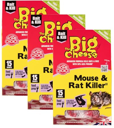 The Big Cheese Bait Block Pasta Sachets - 3 Pack, 45 Total x 10g - Kills Mice and Rats, Pest Control for Kitchen & Food Prep Areas - Rat Killer For Mouse Traps - Super Strength Rat Poisoning