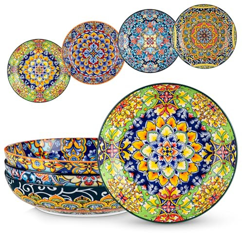 vancasso SIMI Cuencos Grandes de Porcelana para Pasta, Set de 4 Tazones de Ensalada de 1260ML, Platos Hondos para Ensaladas, Frutas y Más – Apto para Microondas y Lavavajillas, Estilo Bohemio Colorido