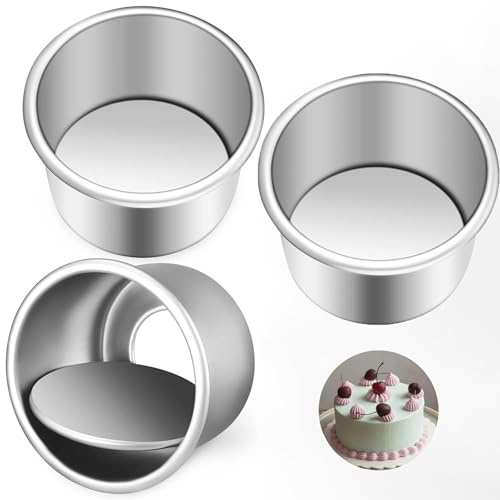 Lepat Cake Tin Set, Non-Stick Deep Aluminum Round Cake Baking Pans with Removable Bottom for Baking Bakeware Christmas Birthday Wedding Party (Silver, 4inch * 3)