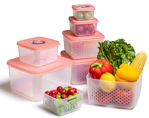 ANJUKE Frischhaltedosen Obst Gemüse mit Deckel Sieb, Vorratsdosen 10PCS 0.2L+0.4L+0.8L+1.5L+2.3L+3.7L, BPA frei, Frischhalteboxen dicht trennbar, Kühlschrank Organizer Set, Salat Beeren Aufbewahrung